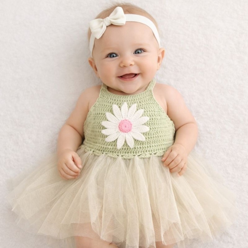 Elly &‎ Emmy Baby Girl Crochet Daisy Tulle Dress Gown Green 0-6 Months
